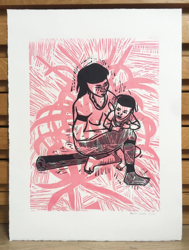 Femme et enfant - Gravure sur bois et sur lino