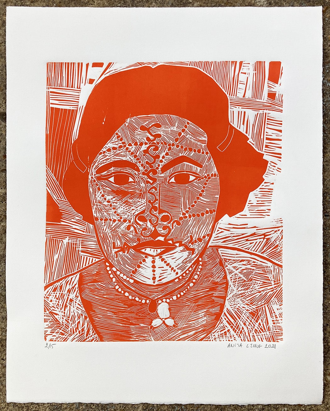 Indienne vermillon, linogravure - Image 2
