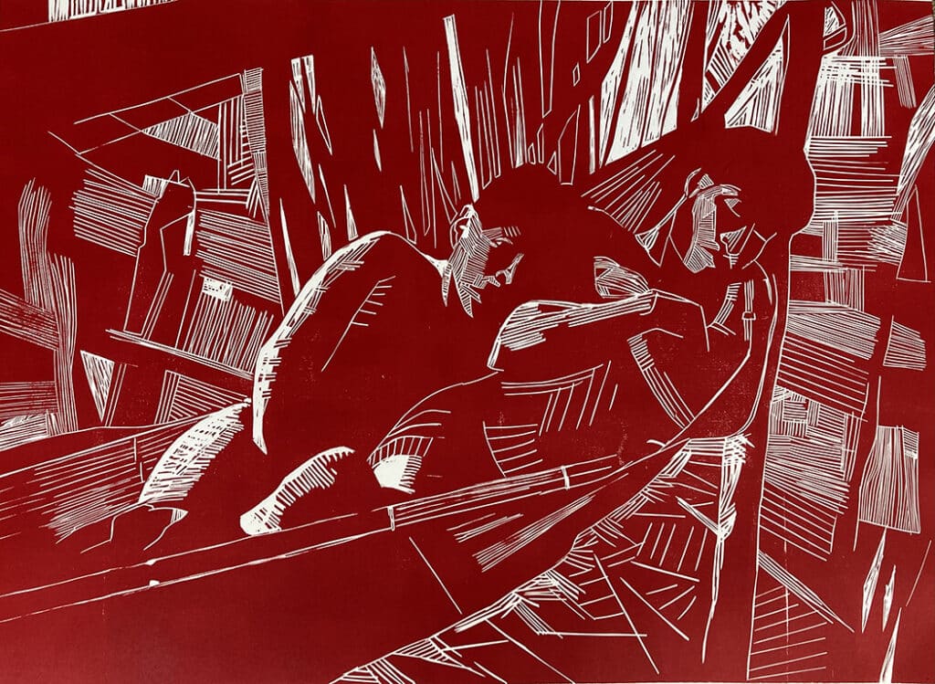 Dans le hamac, gravure sur bois