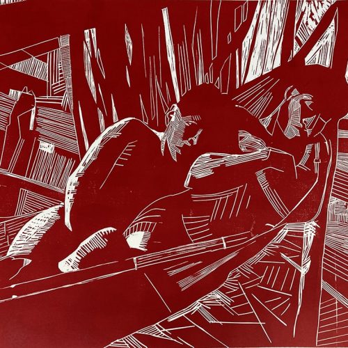 Dans le hamac, gravure sur bois