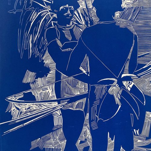 Indigènes avec toucan, linogravure