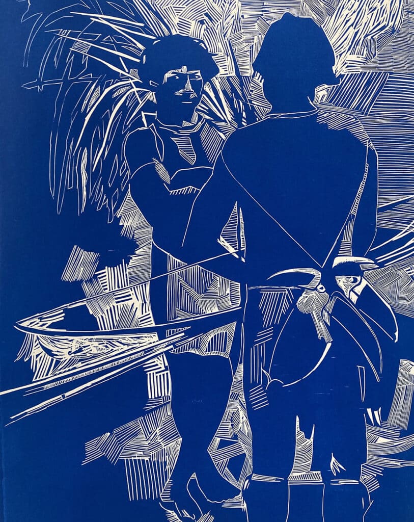 Indigènes avec toucan, linogravure