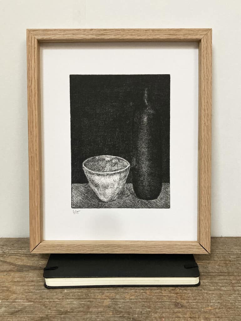 Bol blanc bouteille noire, eau-forte sur cuivre