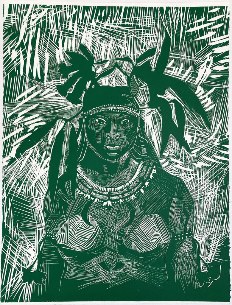 Indienne verte, gravure sur bois